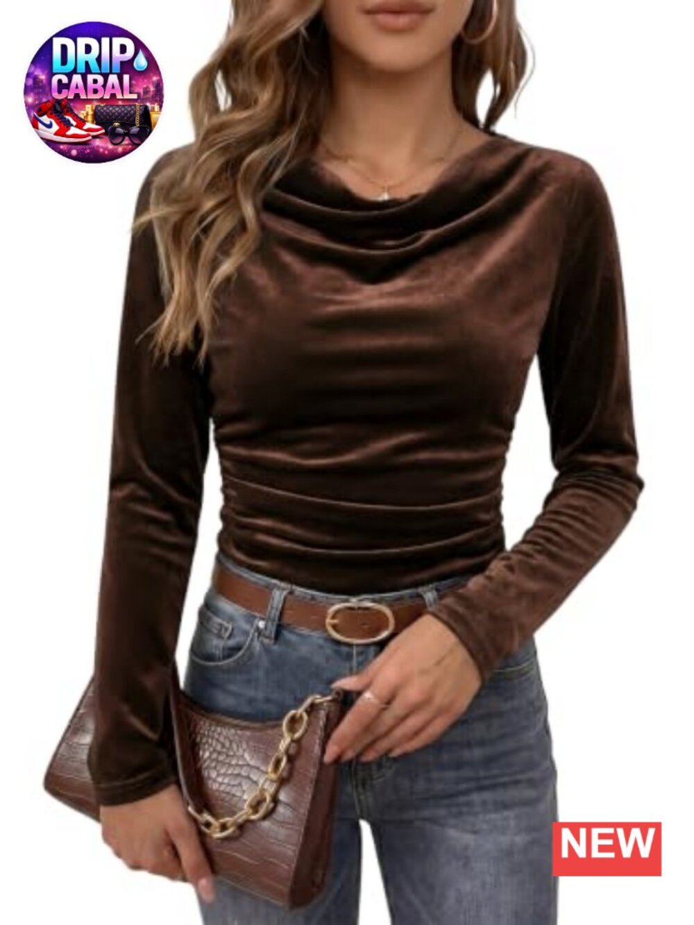 Velvet Cowl Neck Long Sleeve Top Slim Fit Ruched Going Out Blouse